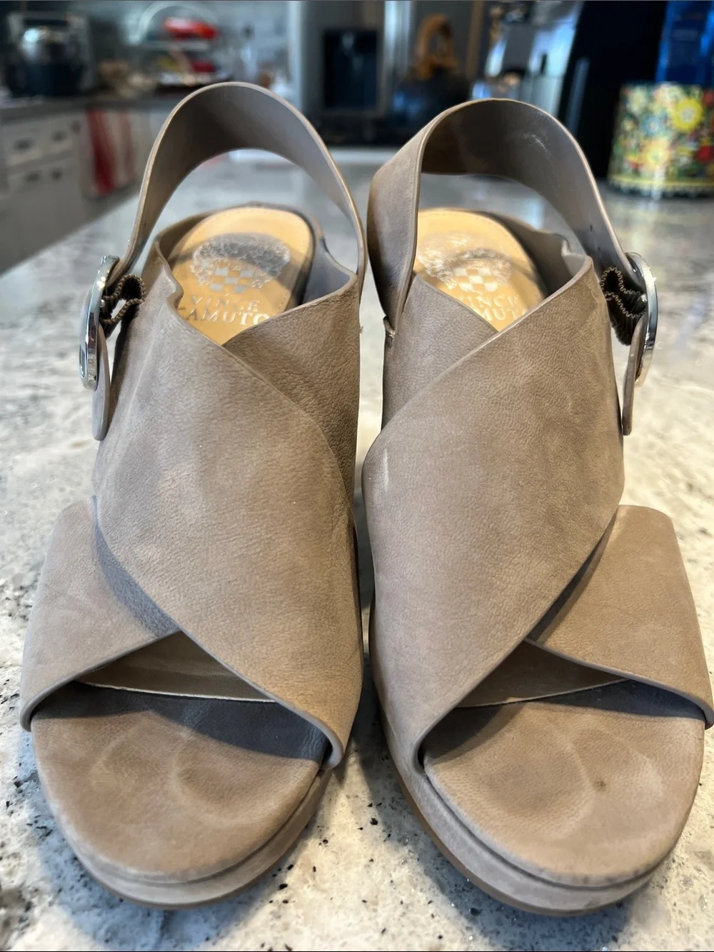 Vince Camuto Iteena Taupe Suede Wedge Sandals Size 7 EUC